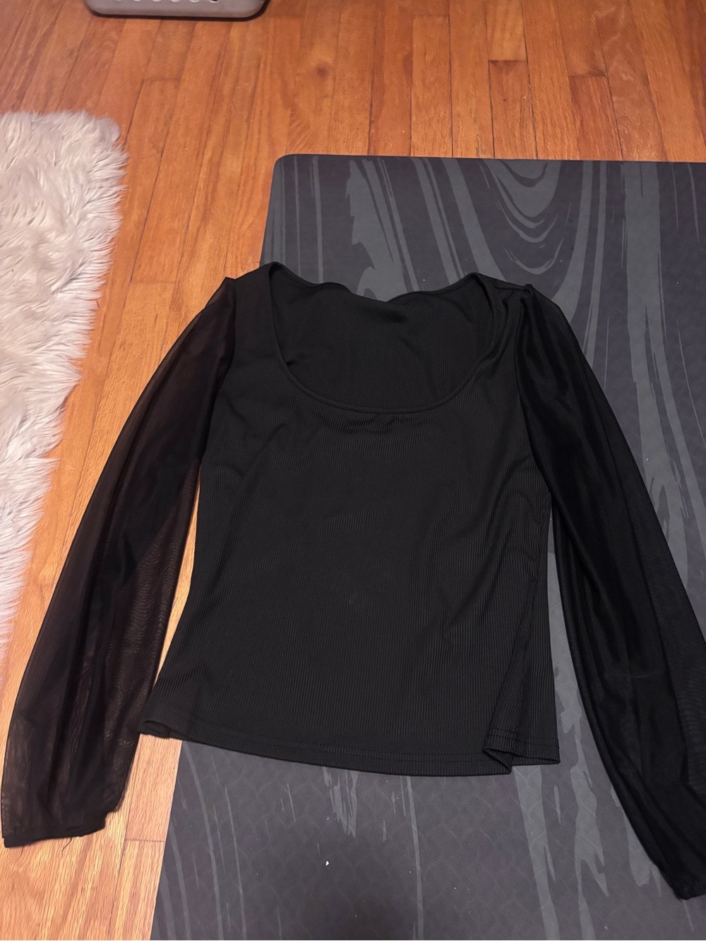 SHEIN Black Long Sleeve Scoop Neck Top with Sheer Sleeves